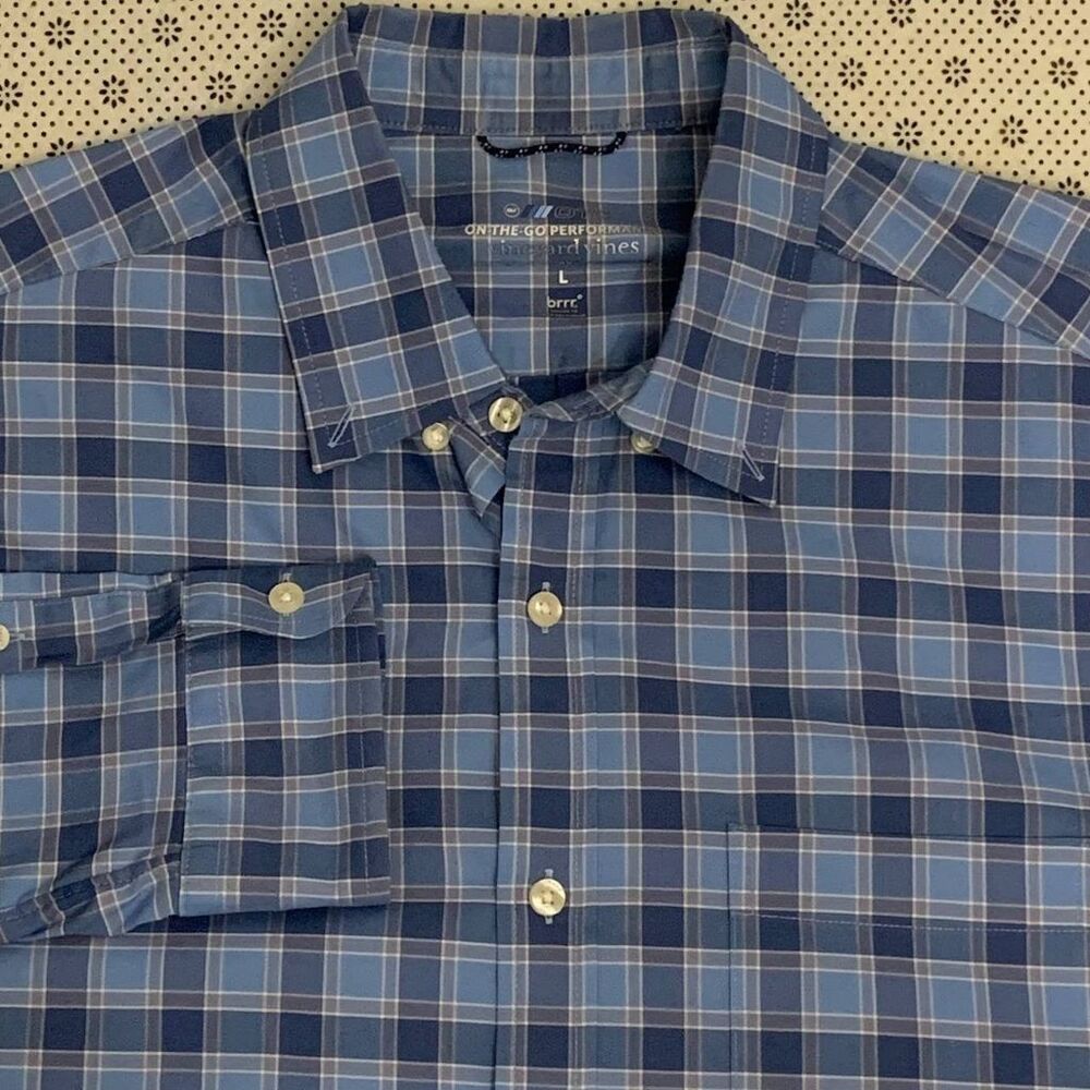 Vineyard Vines OTG On-The-Go Performance Plaid Button Down Shirt Mens L Blue